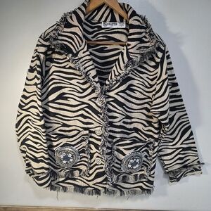 SD Collection Black & Cream Zebra-Print Fringe Jacket